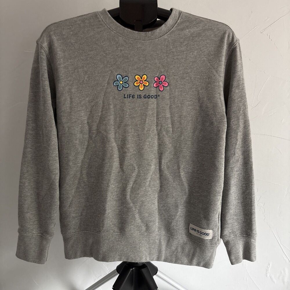 Life is Good Womens Med Gray Daisy Flowers Crewneck Cozy Lounge Oversized Vibe